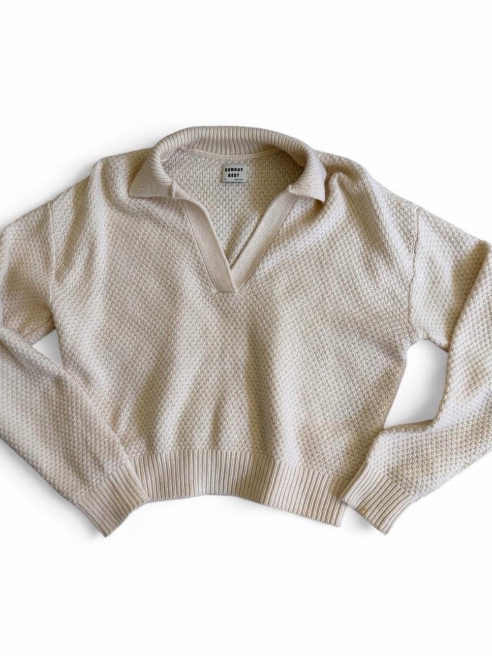 Sunday Best Soft Cream Textured V-Neck Polo Sweater
